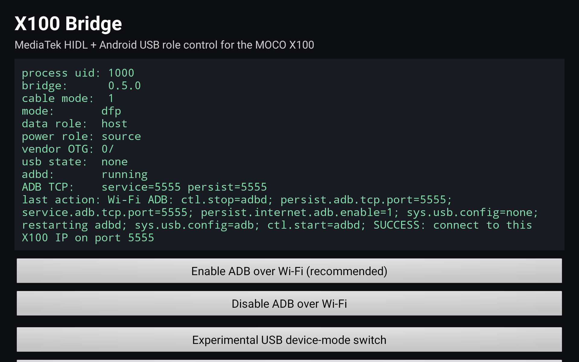 X100 Bridge diagnostics for ADB and USB roles
